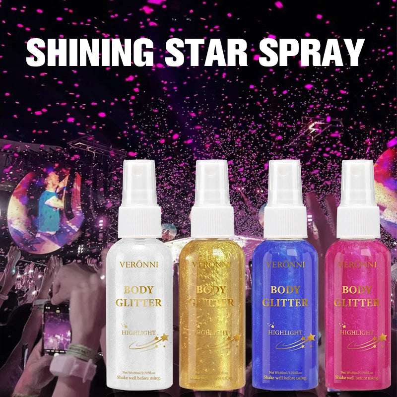 2Pcs VERONNI Body Glitter Spray, Shimmer Highlighter Mist for Hair Face Body, Long Lasting Sparkle Makeup Spray for Party Festival