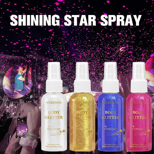 2Pcs VERONNI Body Glitter Spray, Shimmer Highlighter Mist for Hair Face Body, Long Lasting Sparkle Makeup Spray for Party Festival