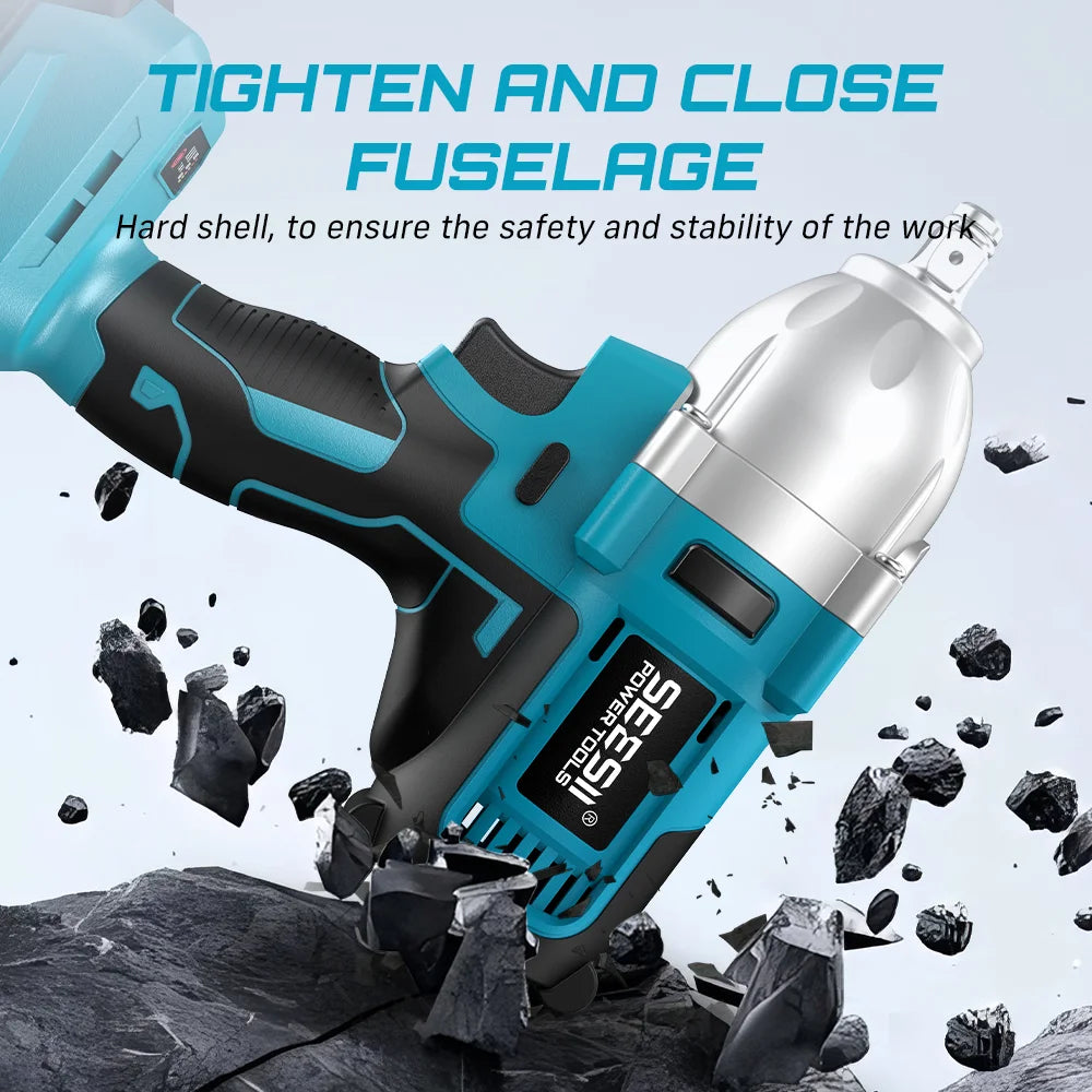 SEESII WH710 Pro 1200N.m Brushless Cordless Impact Wrench 1/2" Electric High Torque Handheld Impact Gun Kit Battery Powered Tool with 4.0Ah Battery LED Light 6 Sockets