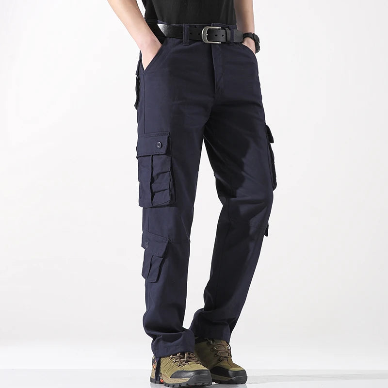 Eight Pockets 100 Percent Cotton Mens Cargo Pants Solid Color Breathable Outdoor Pants For Hiking Trekking Travel