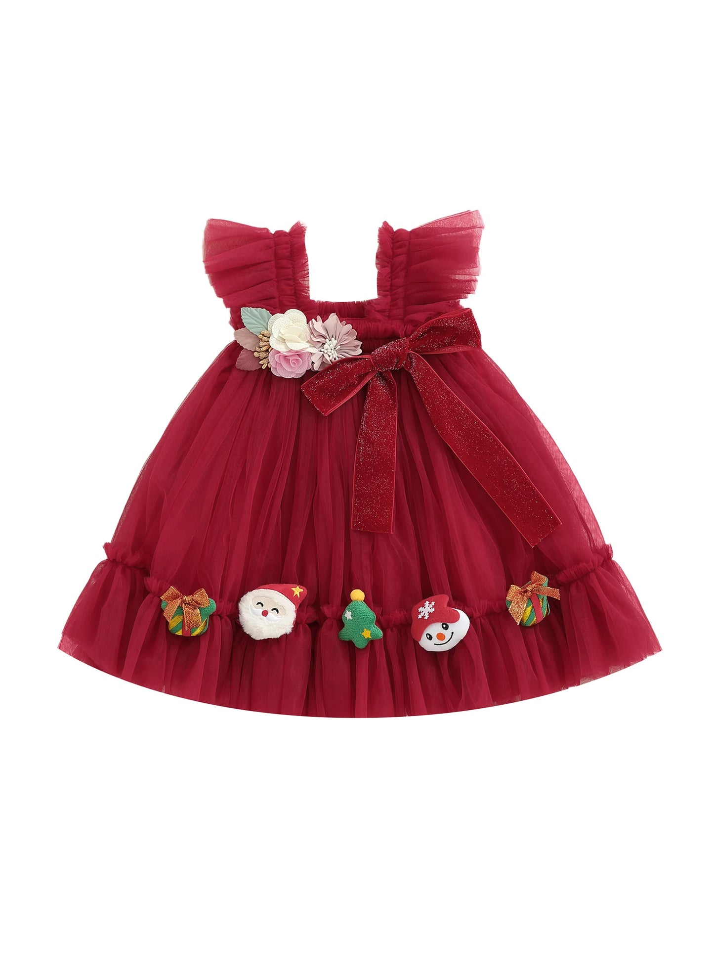 Toddler Girl Holiday Tulle Dress With 3D Flowers Santa Bow