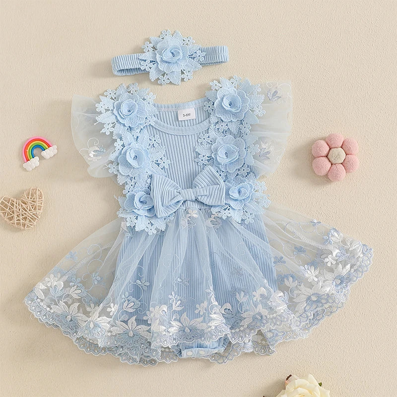 Infant Floral Embroidered Romper With Mesh Skirt And Headband Set