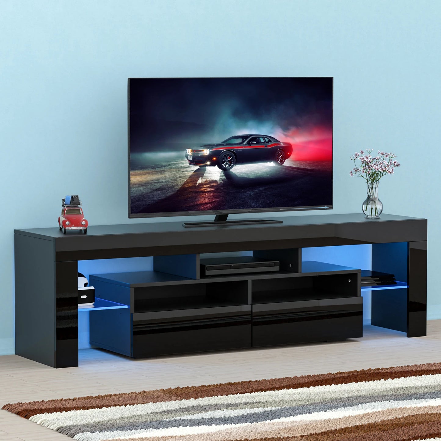 LED TV Stand for Living Room with 20 Color LED Lights and Storage Shelf High Gloss Cabinet with Large Drawers