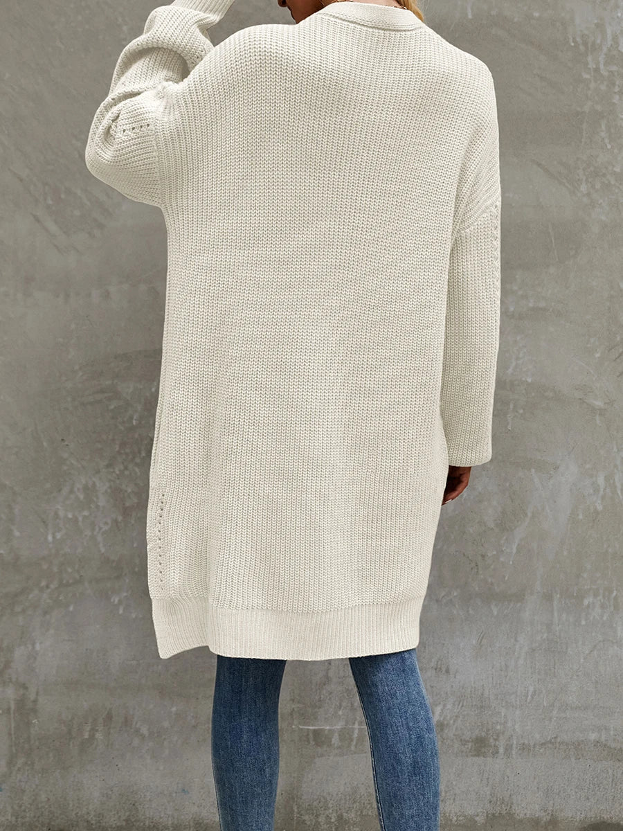 Women Autumn Winter Knit Cardigan Long Sleeve Open Front Split Hem Knitwear Sweater