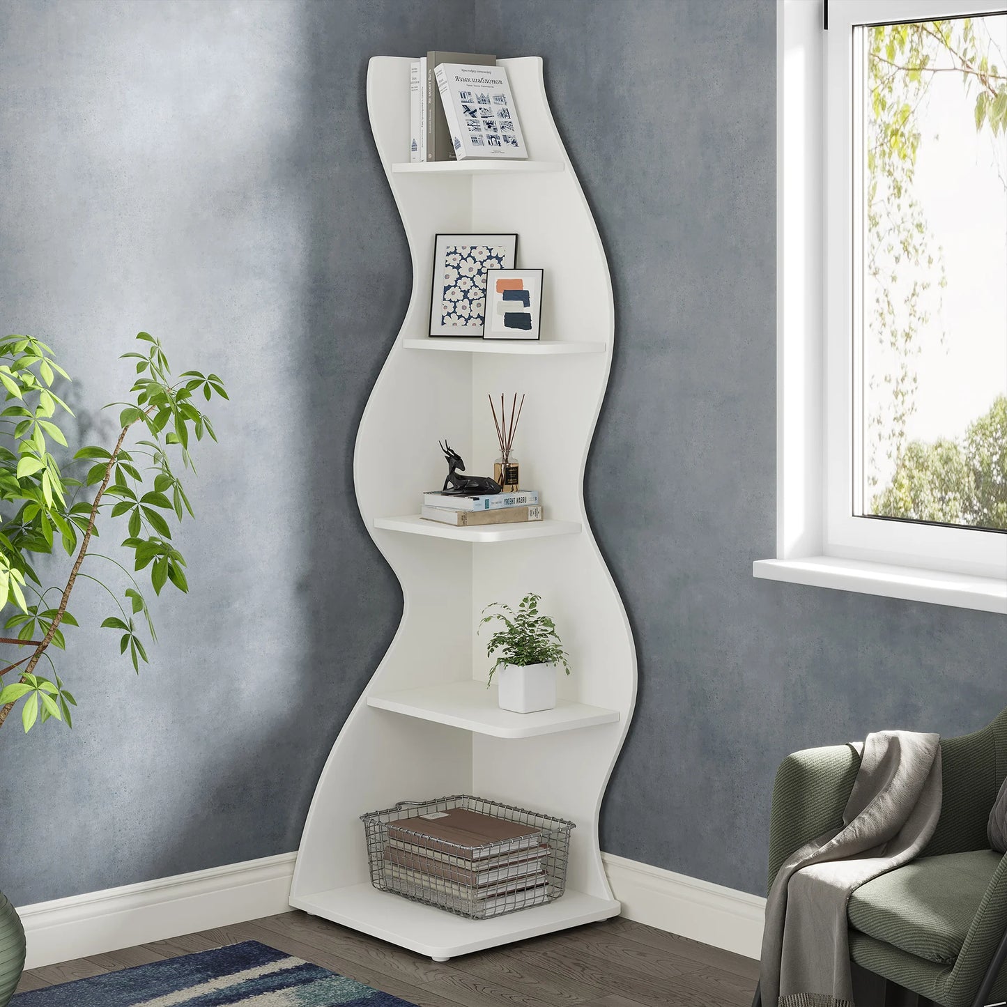Tribesigns Corner Shelf Modern 5 Tier Wall Corner Bookshelf Stylish Corner Small Bookcase Storage Rack Plant Stand