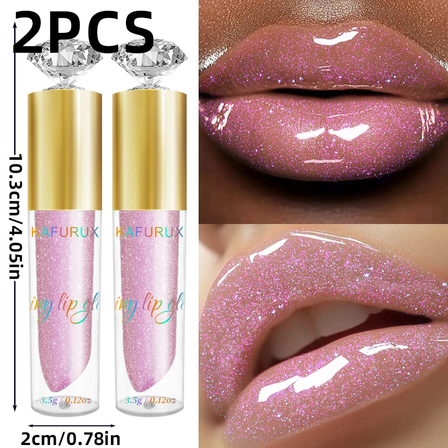 2pcs Moisturizing Diamond Shimmer Glitter Lip Gloss Set Korean Makeup Sparkling Glitter Liquid Lipstick Pearl Lip Gloss Sexy Lip Oil Sexy Pink Cosmetic for Women Gifts