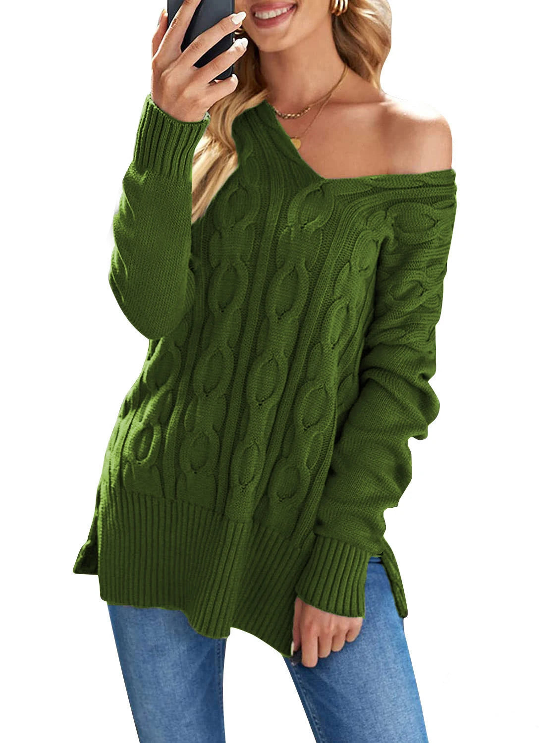 Casual Plus Size Cable Knit Pullover Sweater For Women V Neck Long Sleeve Slit Knitwear Fashion