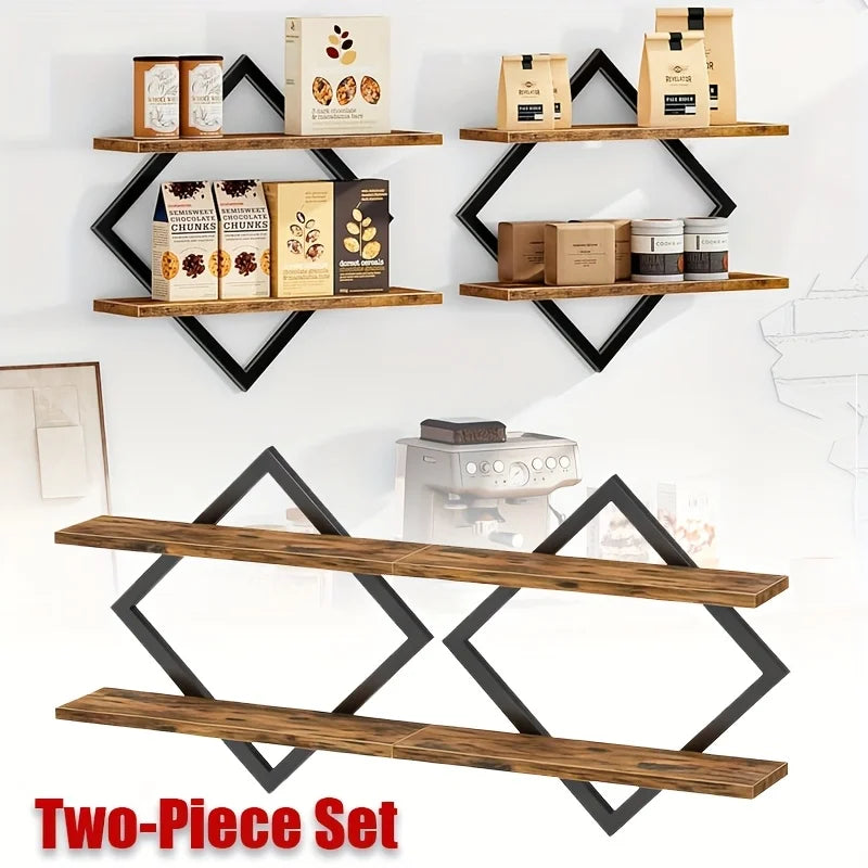 Diamond-Shaped Floating Shelves, Creative Wall-Mounted Space-Saving Storage Shelves, Minimalist Style Wall Suspension Shelves, Artistic Style, Suitable for Living Room and Bedroom Storage