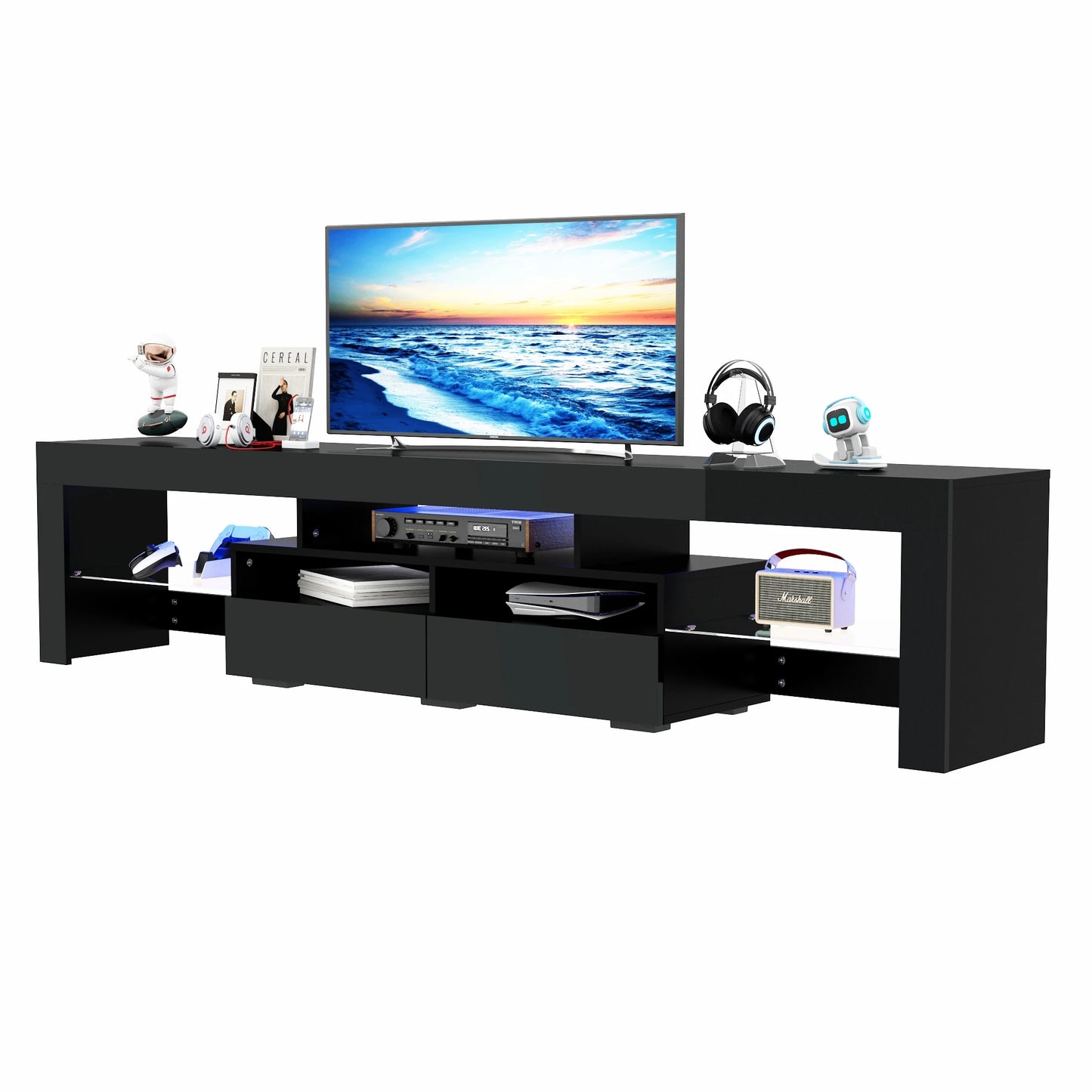 LED TV Stand for Living Room with 20 Color LED Lights and Storage Shelf High Gloss Cabinet with Large Drawers