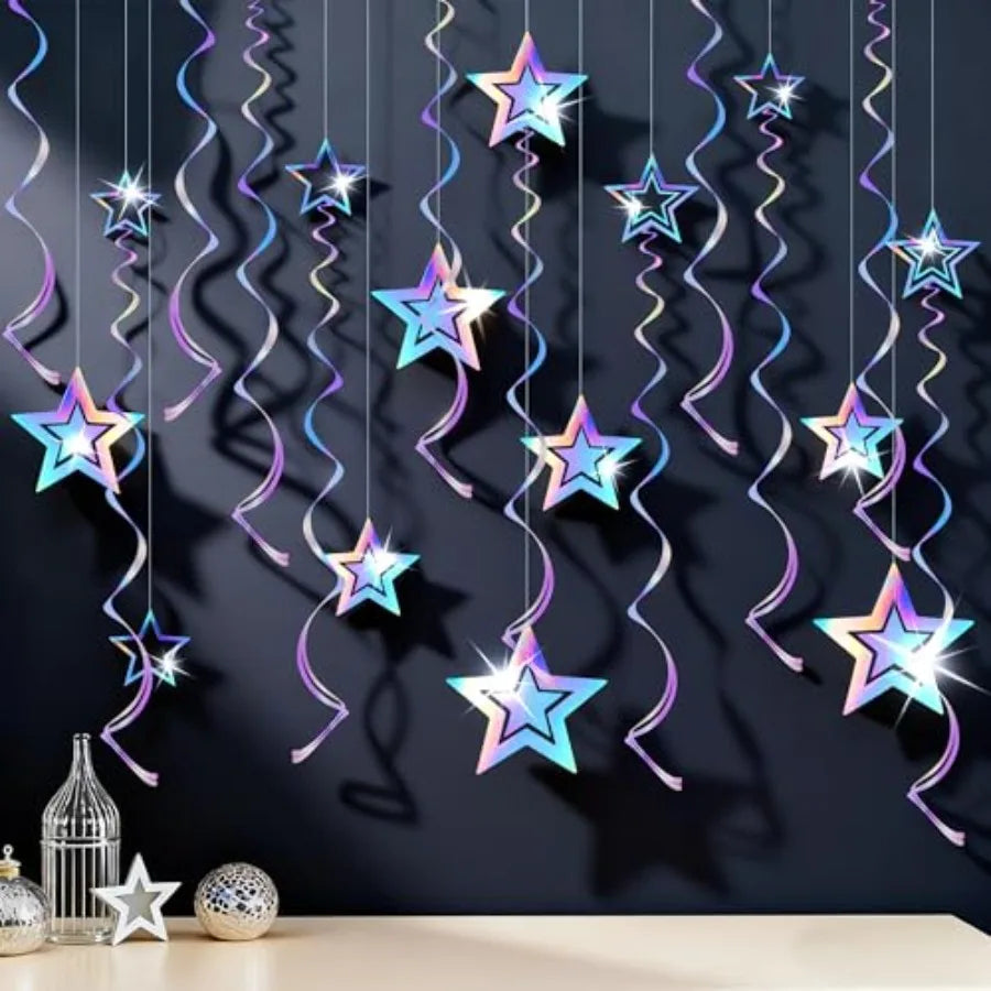 Iridescent Party Decorations, Hanging Honeycomb Balls, Paper Fans and 3D Star Ornaments, Holographic Ceiling Decor for Birthday