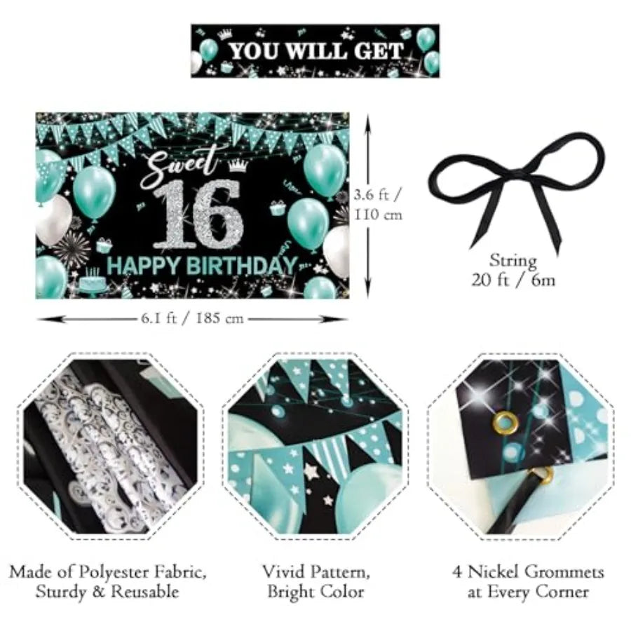Sweet 16 Party Decorations, Fabric Happy 16th Birthday Banner Backdrop, Sweet Sixteen Birthday Decorations for Girls, Turquoise