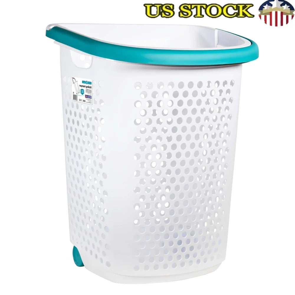 Rolling Laundry Hamper With Pop Up Handle Large Capacity Plastic Storage Basket For Home College Tween And Adult Use