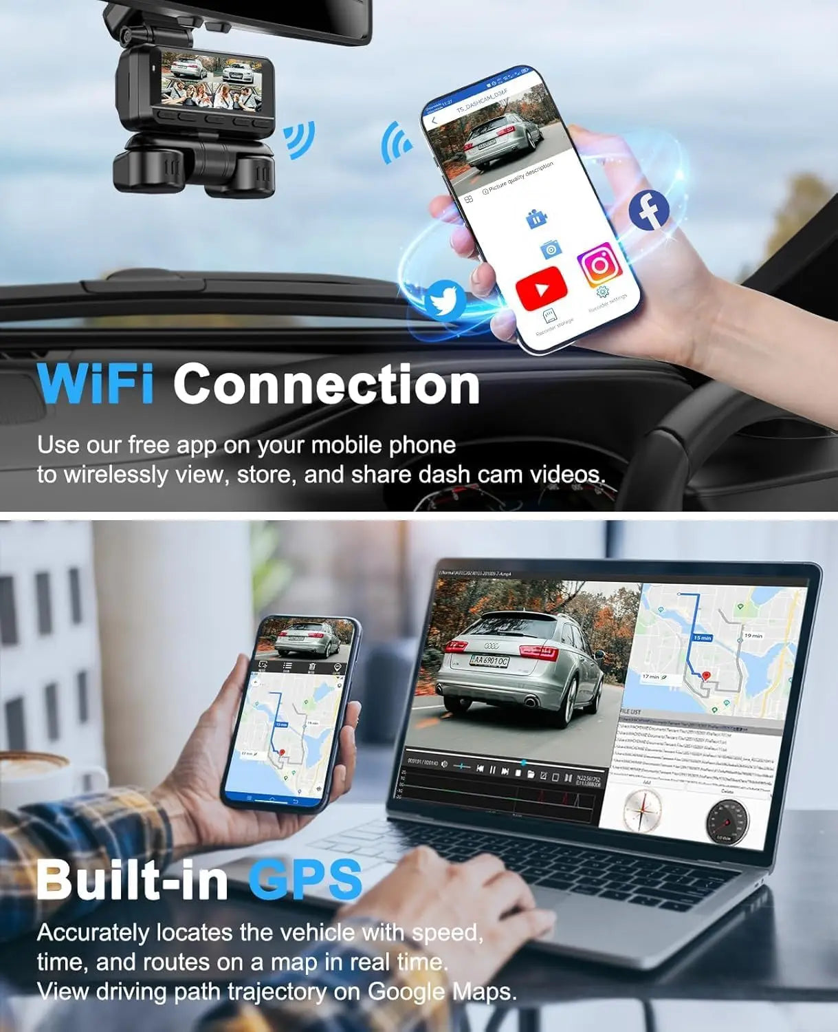 Kankeirr 2in1 Dash Cam 4 Channel 360 Car Camera WiFi