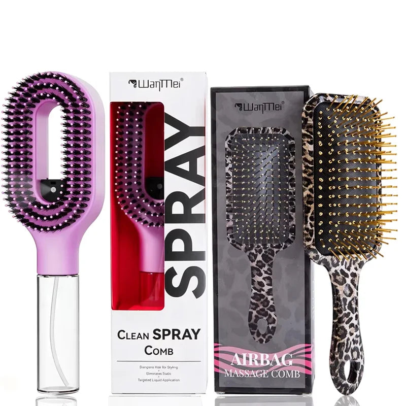 2Pcs Spray Hair Brush & Leopard Paddle Brush Set Refillable Fine Mist Hair Comb Detangle Anti‑Frizz Scalp Massage Air Cushion Hair Styling Tool for Women Wet Dry Hair
