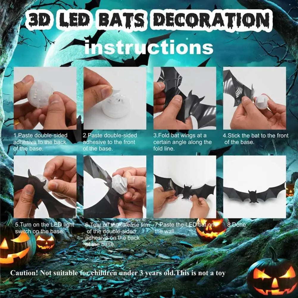 24pack Halloween 3D Bats Wall Decor, Luminous Scary Bat Window Cling