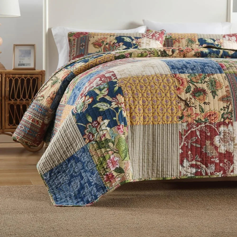 Patchwork Cotton Quilt Coverlet Set Three Piece Reversible