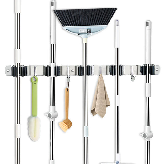 Adhesive 4 Hook Broom Mop Organizer Stainless Steel Wall Rack
