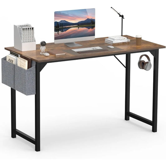 48 Inch Computer Desk Rustic Brown Wood Modern Writing Desk With Storage Bag And Headphone Hook For Two People