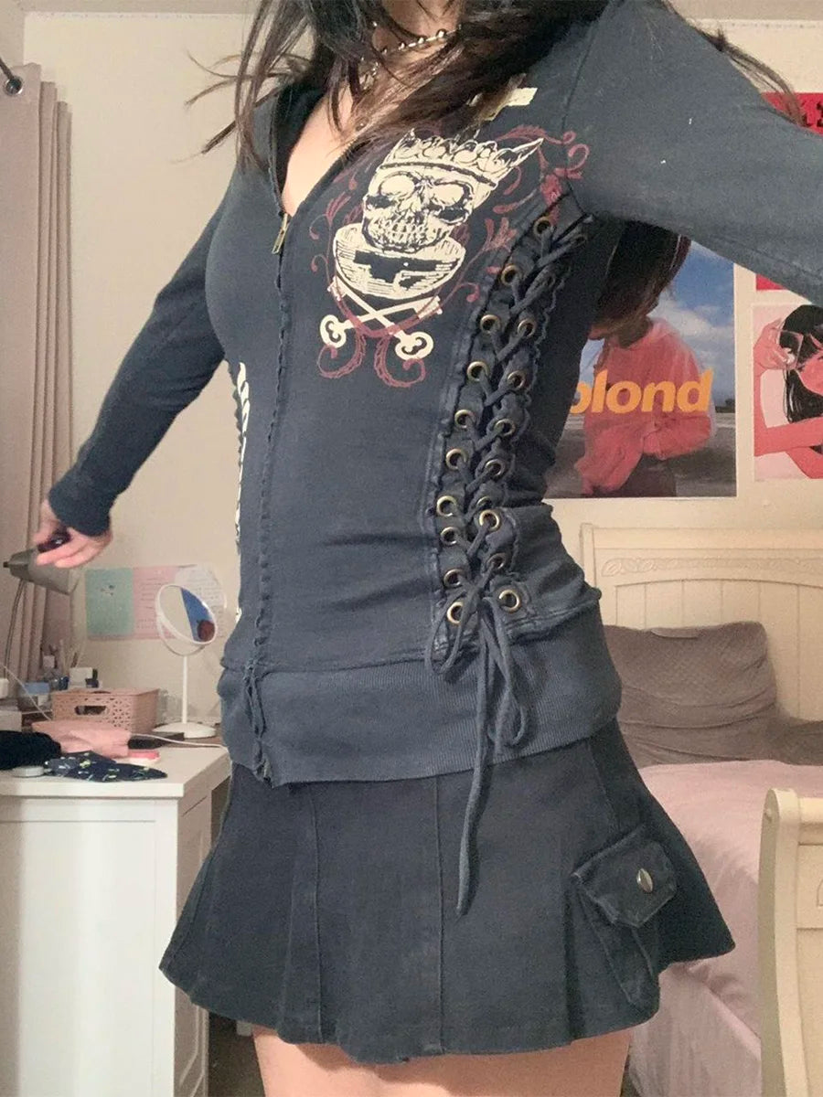 Hirigin Women Hooded Bandage Hoodie With Pattern Print Zipper Outerwear