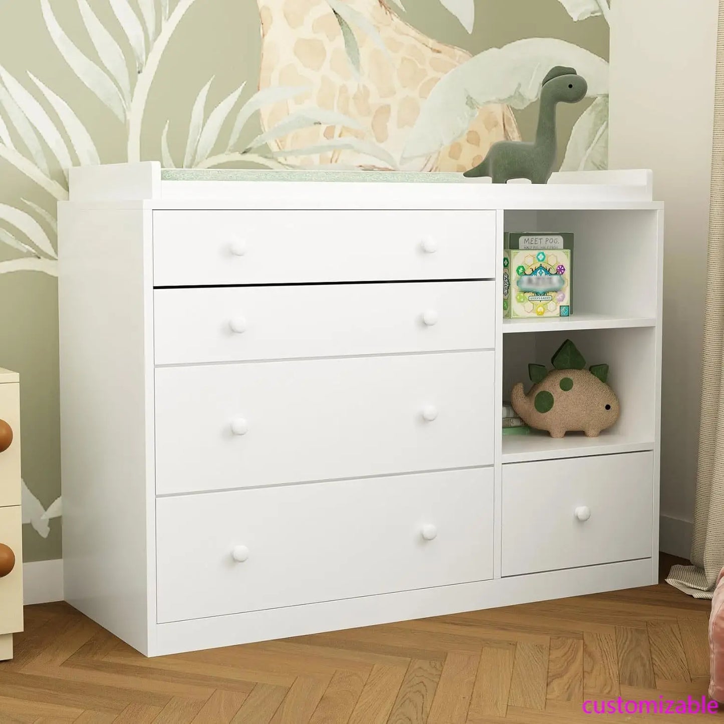 Changing Table Dresser For Nursery White With 5 Drawers And 2 Shelves Multi Functional Baby Changing Station