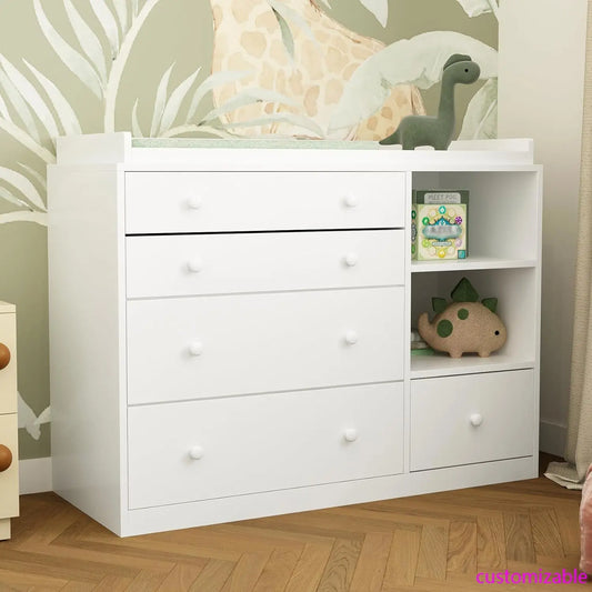 Changing Table Dresser For Nursery White With 5 Drawers And 2 Shelves Multi Functional Baby Changing Station