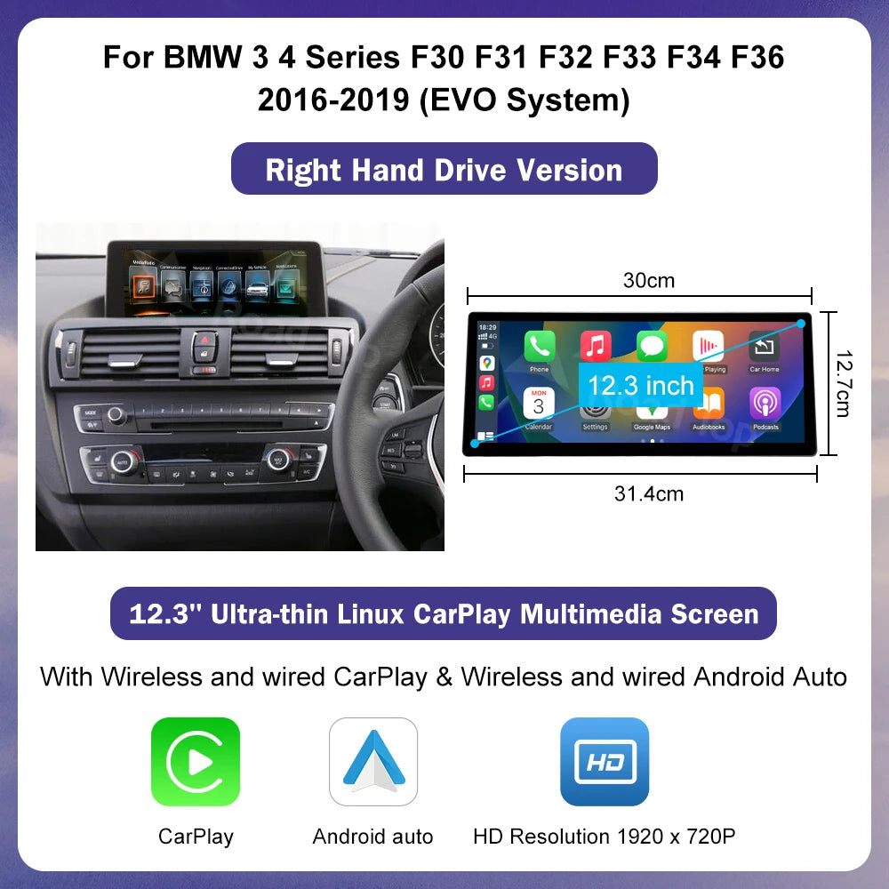 Road Top 12.3 Inch Ultra Thin Screen For BMW 3 4 Series F30 F31 F32 F33 F34 F36 With CarPlay Android Auto