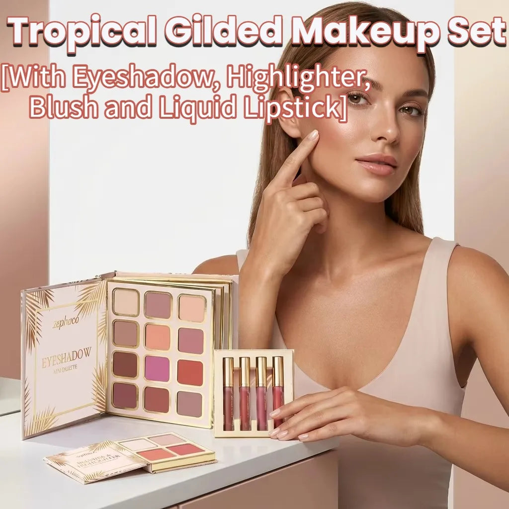 Tropical Gilded Makeup Set: All-in-One Eye Face Palette with Highlighter Blush 4Pcs Matte Liquid Lipstick Sculpting & Illuminating Sunkissed Bronze Glow Highly Pigmented Sweatproof Full Makeup Kit for Summer Festival Travel V