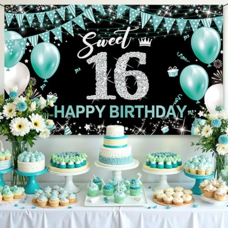 Sweet 16 Party Decorations, Fabric Happy 16th Birthday Banner Backdrop, Sweet Sixteen Birthday Decorations for Girls, Turquoise