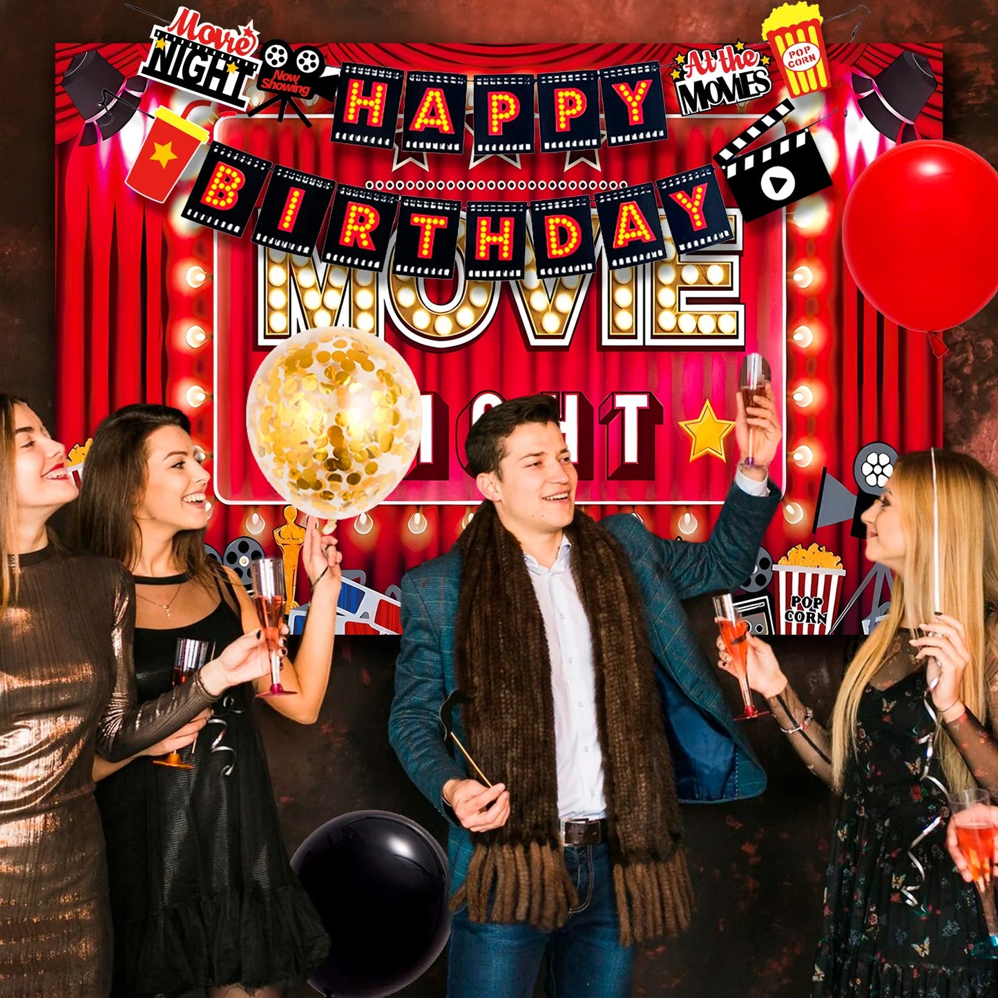 Movie Night Birthday Party Decorations and Tableware Set 68Pcs Plates Napkins Tablecloth Movie Night Supplies