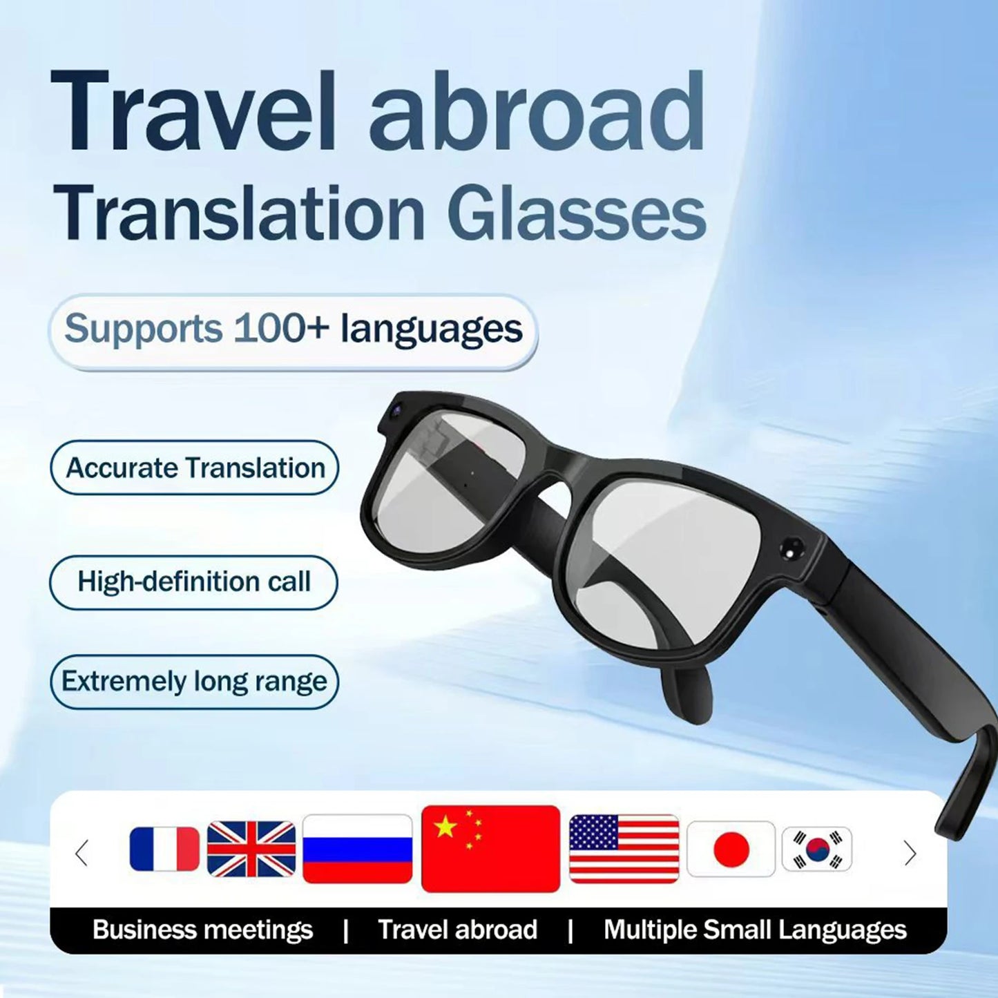 Smart Translation Glasses Real-Time 160+ Languages 8MP HD Camera