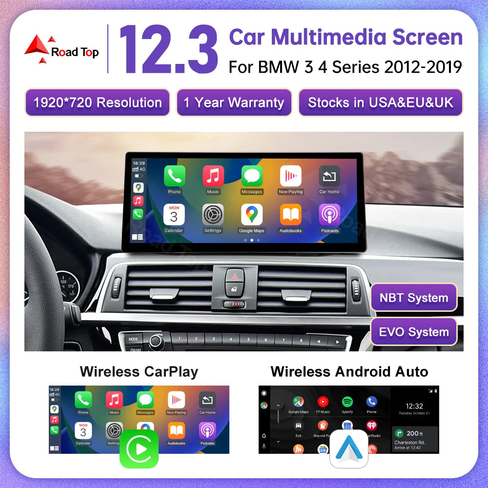 Road Top 12.3 Inch Ultra Thin Screen For BMW 3 4 Series F30 F31 F32 F33 F34 F36 With CarPlay Android Auto