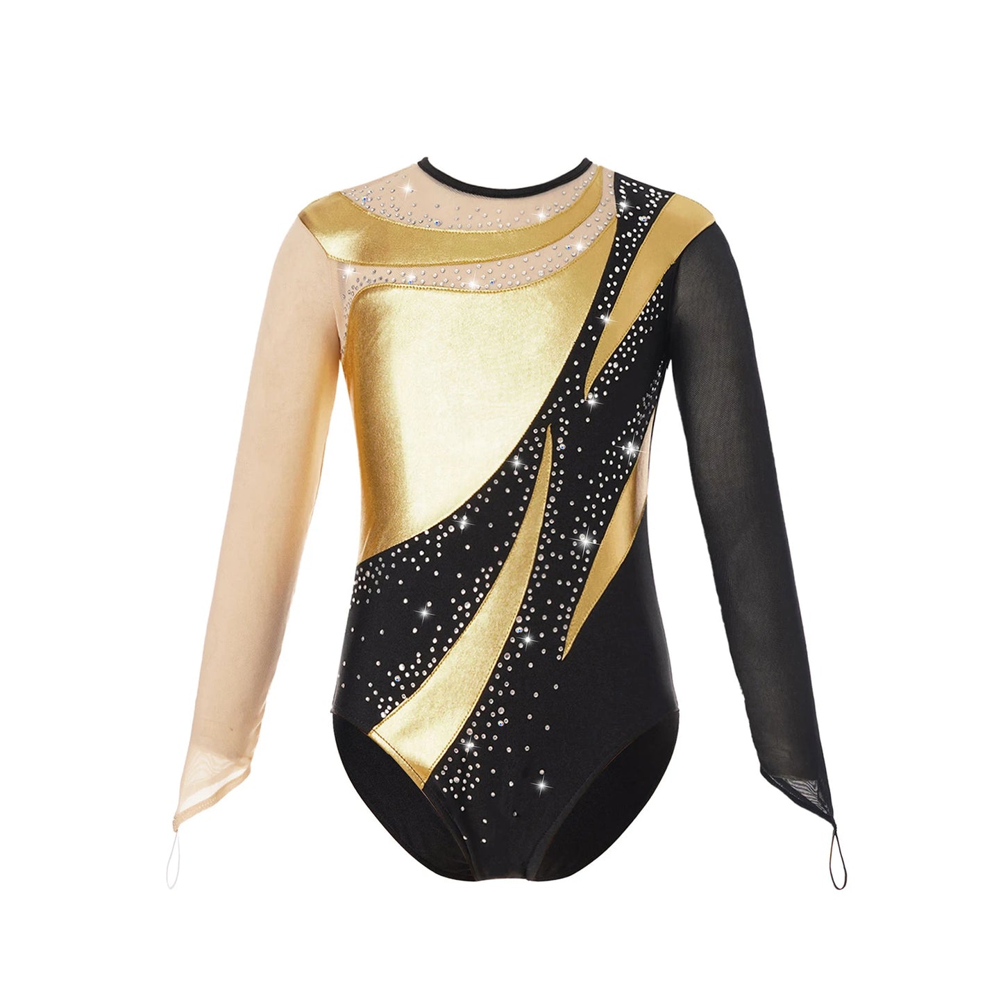 Girls Gymnastics Leotard Mesh Long Sleeve Bodysuit Metallic Contrast
