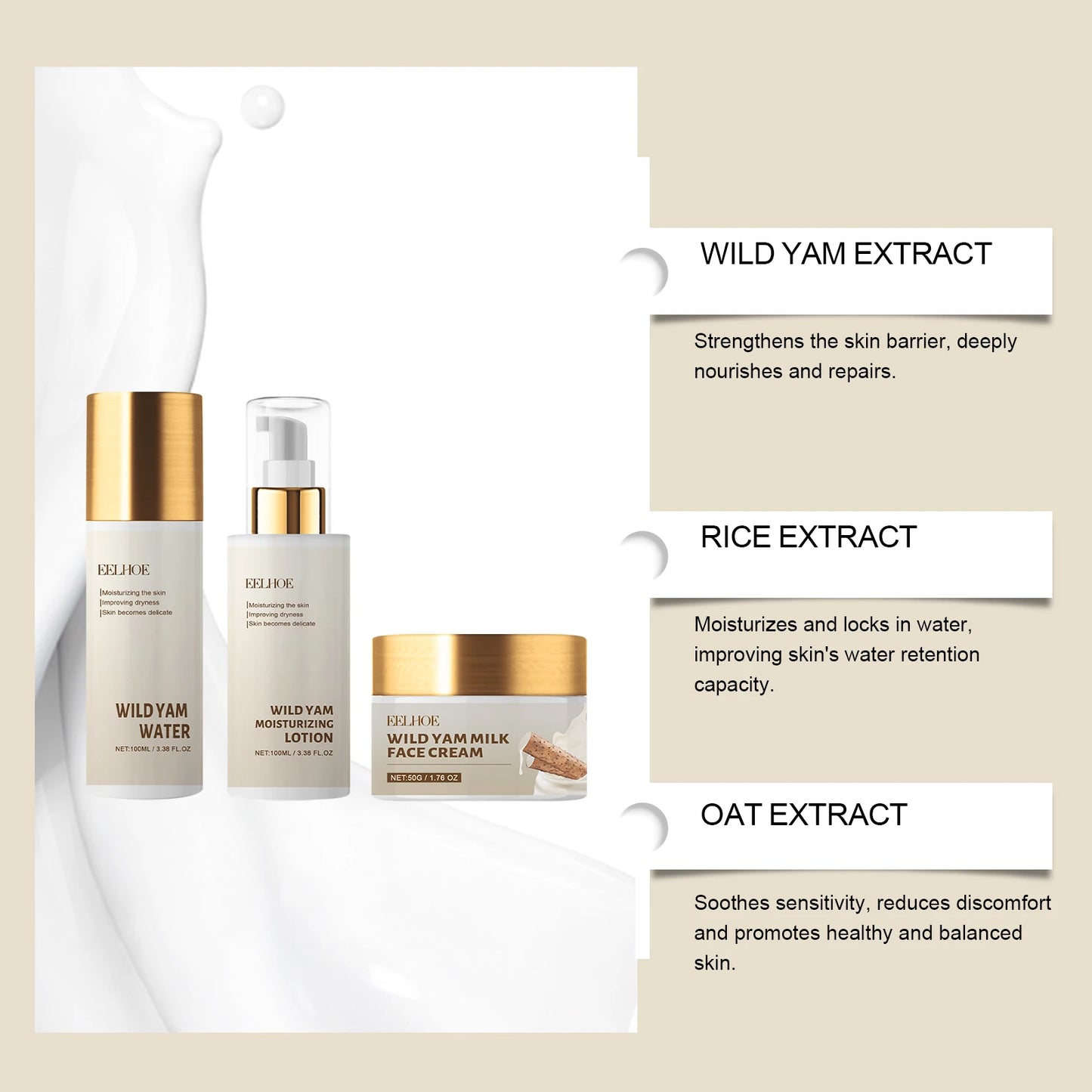 EELHOE Wild Yam Moisturizing Skin Care Set 1set Winter Hydrating Face Cream Lotion Toner Kit Protective Barrier Non Greasy