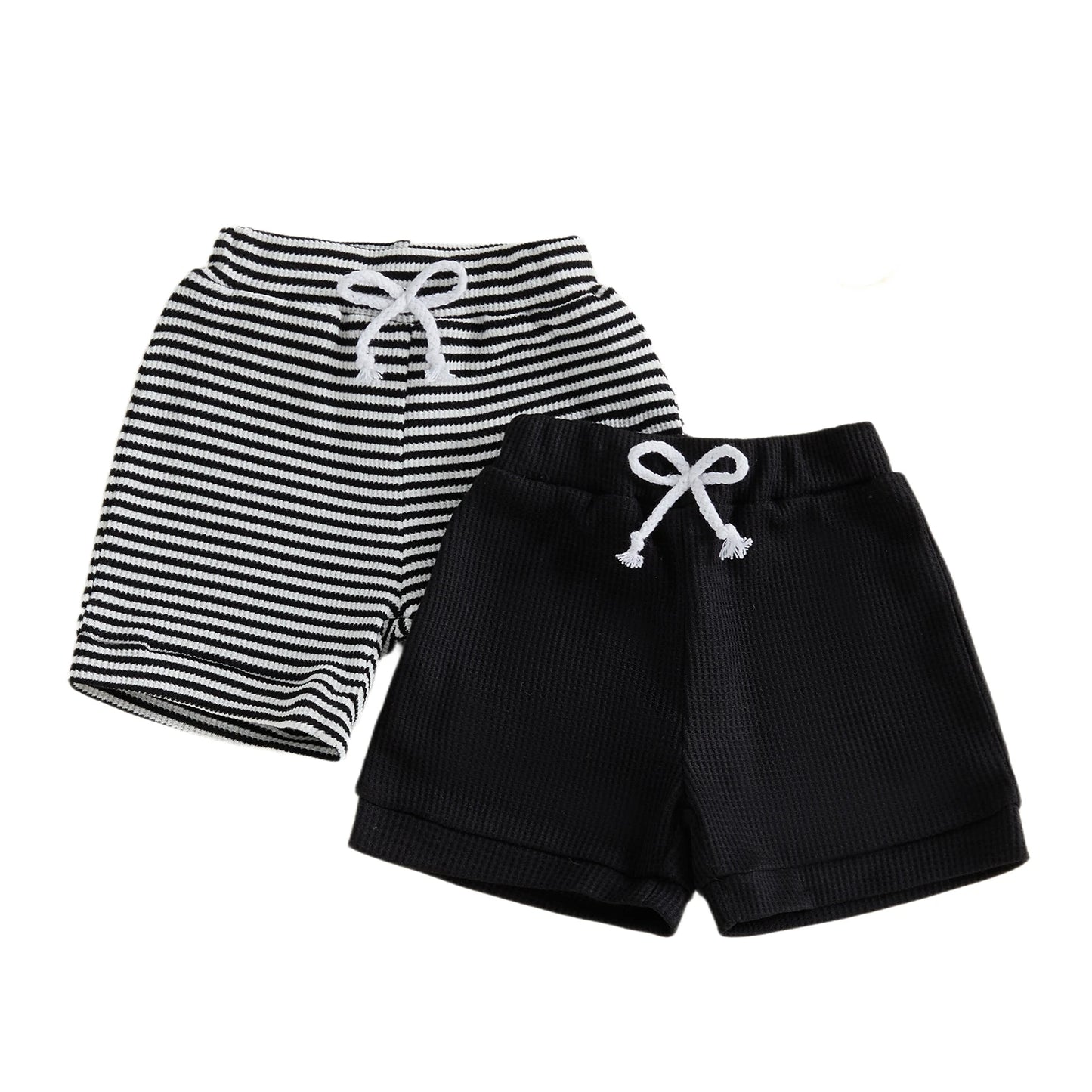 NONECN Toddler Cotton Shorts Elastic Waistband Solid Striped