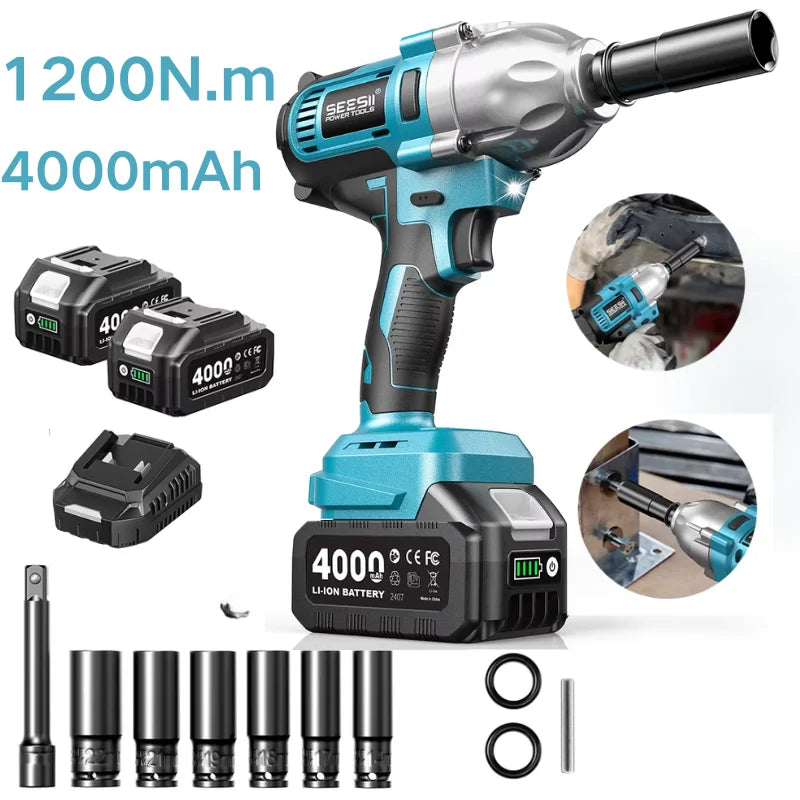 SEESII WH710 Pro 1200N.m Brushless Cordless Impact Wrench 1/2" Electric High Torque Handheld Impact Gun Kit Battery Powered Tool with 4.0Ah Battery LED Light 6 Sockets