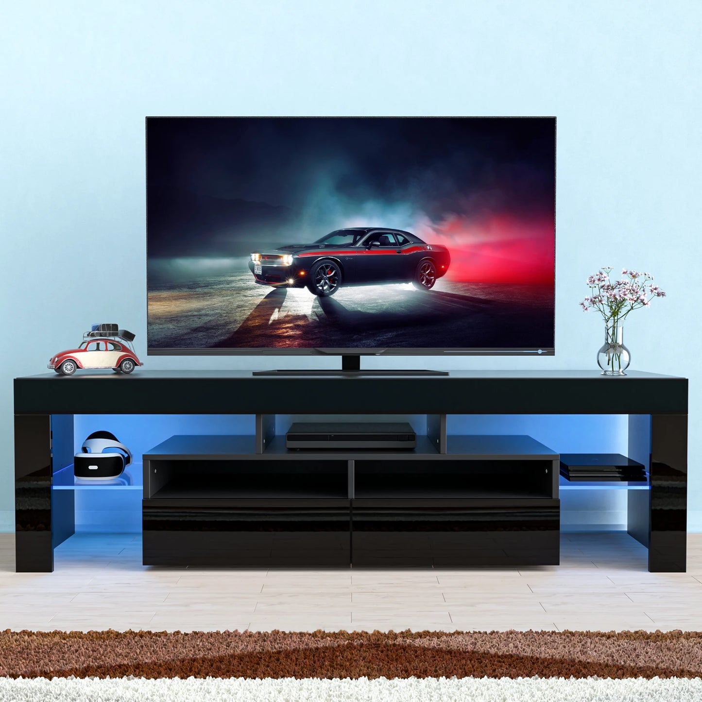 LED TV Stand for Living Room with 20 Color LED Lights and Storage Shelf High Gloss Cabinet with Large Drawers
