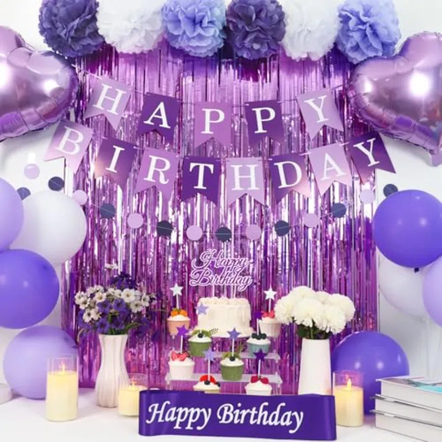 Purple Birthday Decorations, 50PCS Happy Birthday Decorations for Women Include Banner Balloons Sash Foil Fringe Curtain Paper