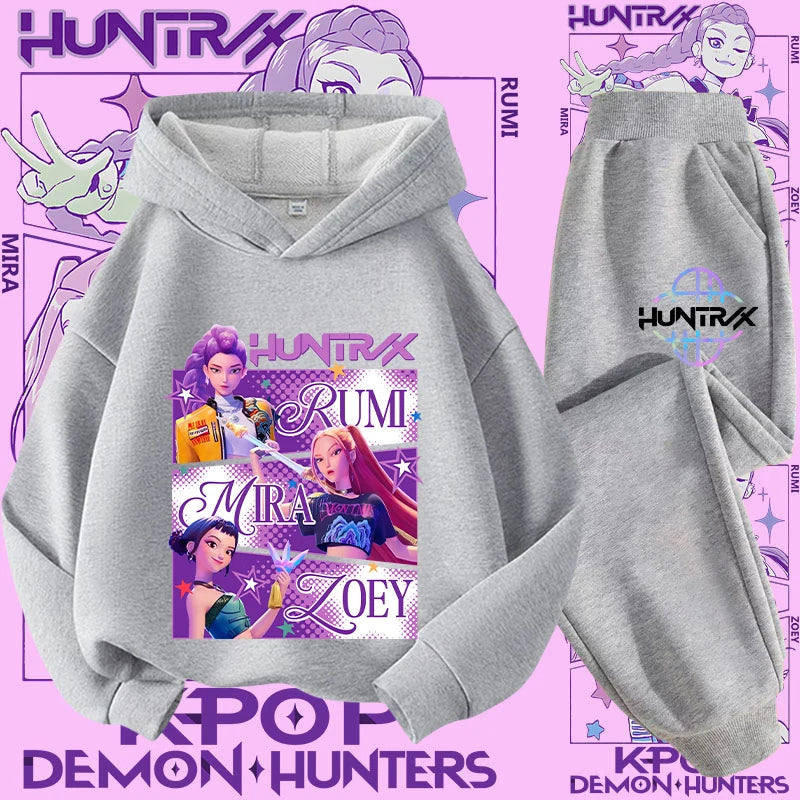 Kpop Demon Hunter Kids Hoodie And Top Set Two Piece Cartoon Print Unisex Casual Wear