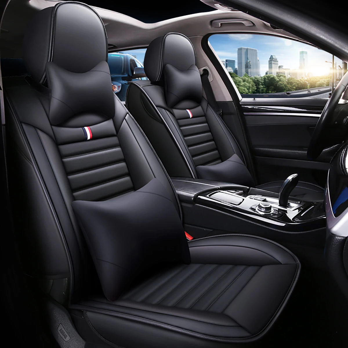 Deluxe 5 Seat Full Car PU Leather Seat Covers with Cushion Fornt and Rear Comfortable for Honda/Toyota/Peugeot/Ford/BMW Universal