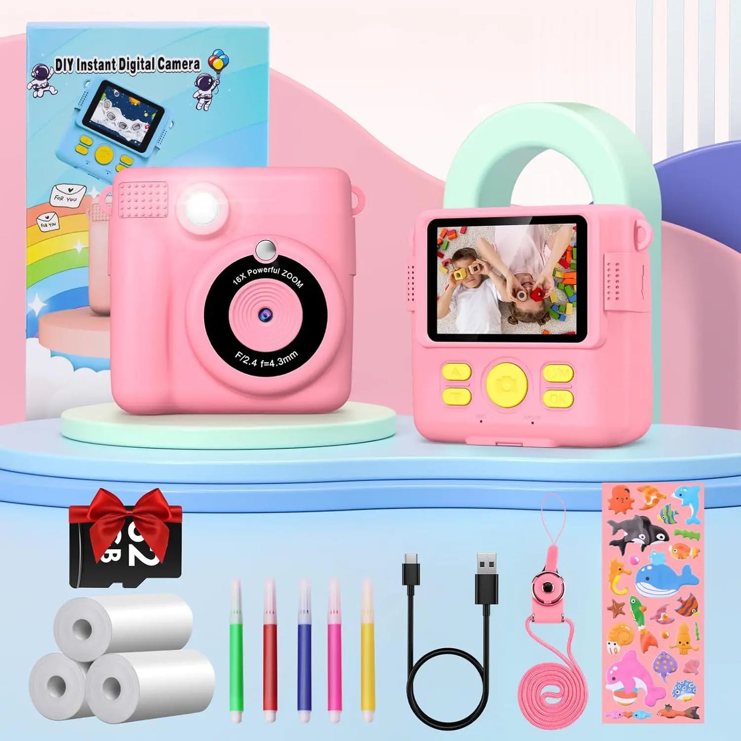 Gofunly Kids Instant Print Camera Thermal Printing Digital Camera 2 Point 4 Inch LCD 1080P For Ages Six To Twelve