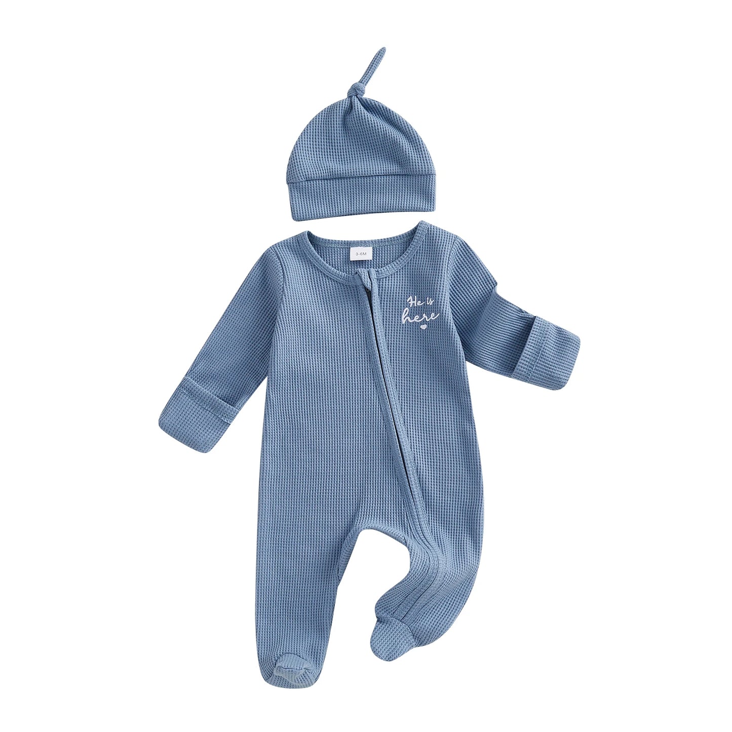 Adorable Infant 2 Piece Long Sleeve Romper Set With Hat Embroidered Letters