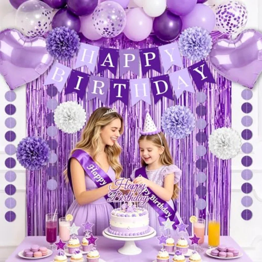 Purple Birthday Decorations, 50PCS Happy Birthday Decorations for Women Include Banner Balloons Sash Foil Fringe Curtain Paper