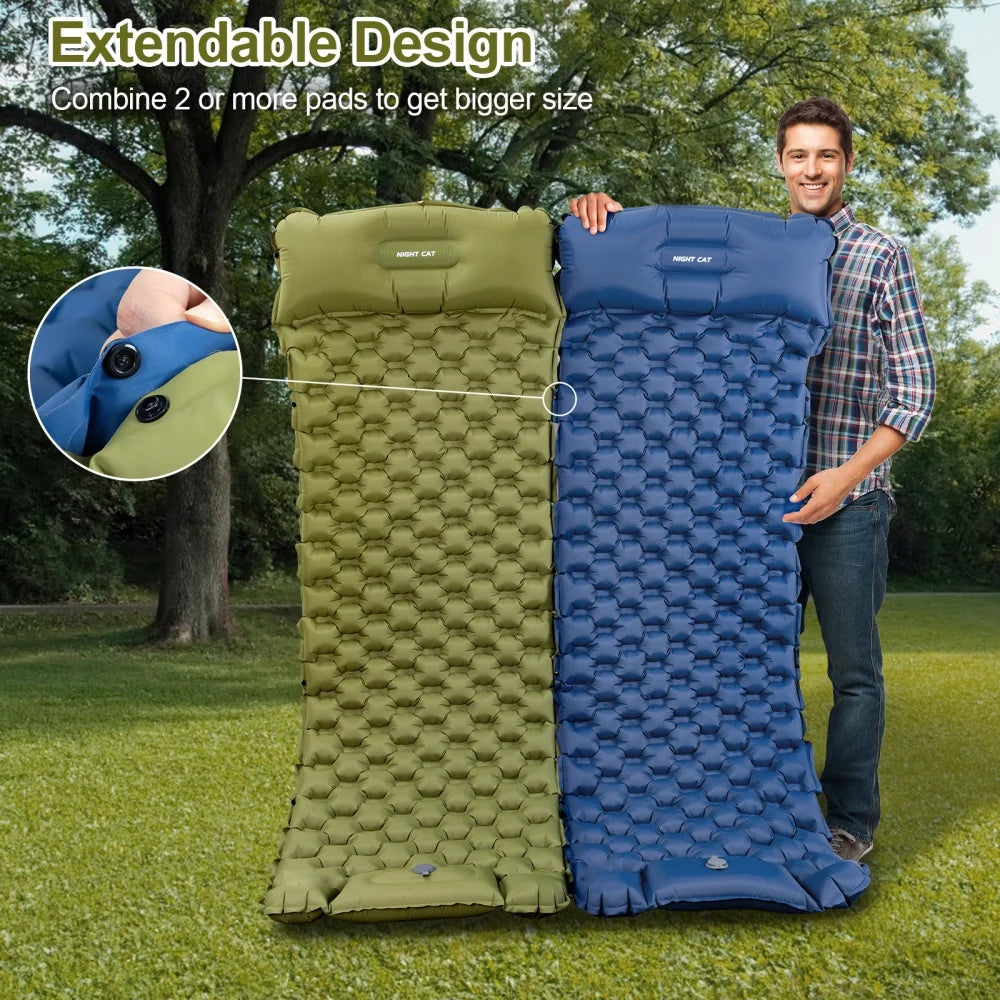Night Cat Inflatable Sleeping Pads Mat Bed with Pillow Foot Pump for Camping Backpacking Hiking Ultra-Light Compact Comfortable Extendable 77"x25.5"