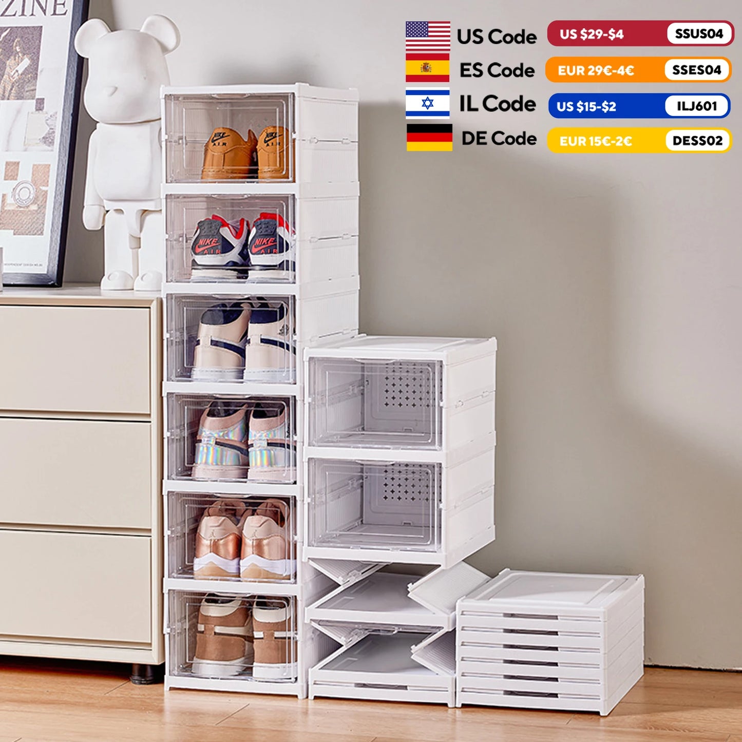 6 Layer Foldable Transparent Shoes Box Storage Organizer For Sneakers Stackable Dustproof High Top Cabinet Shoe Rack