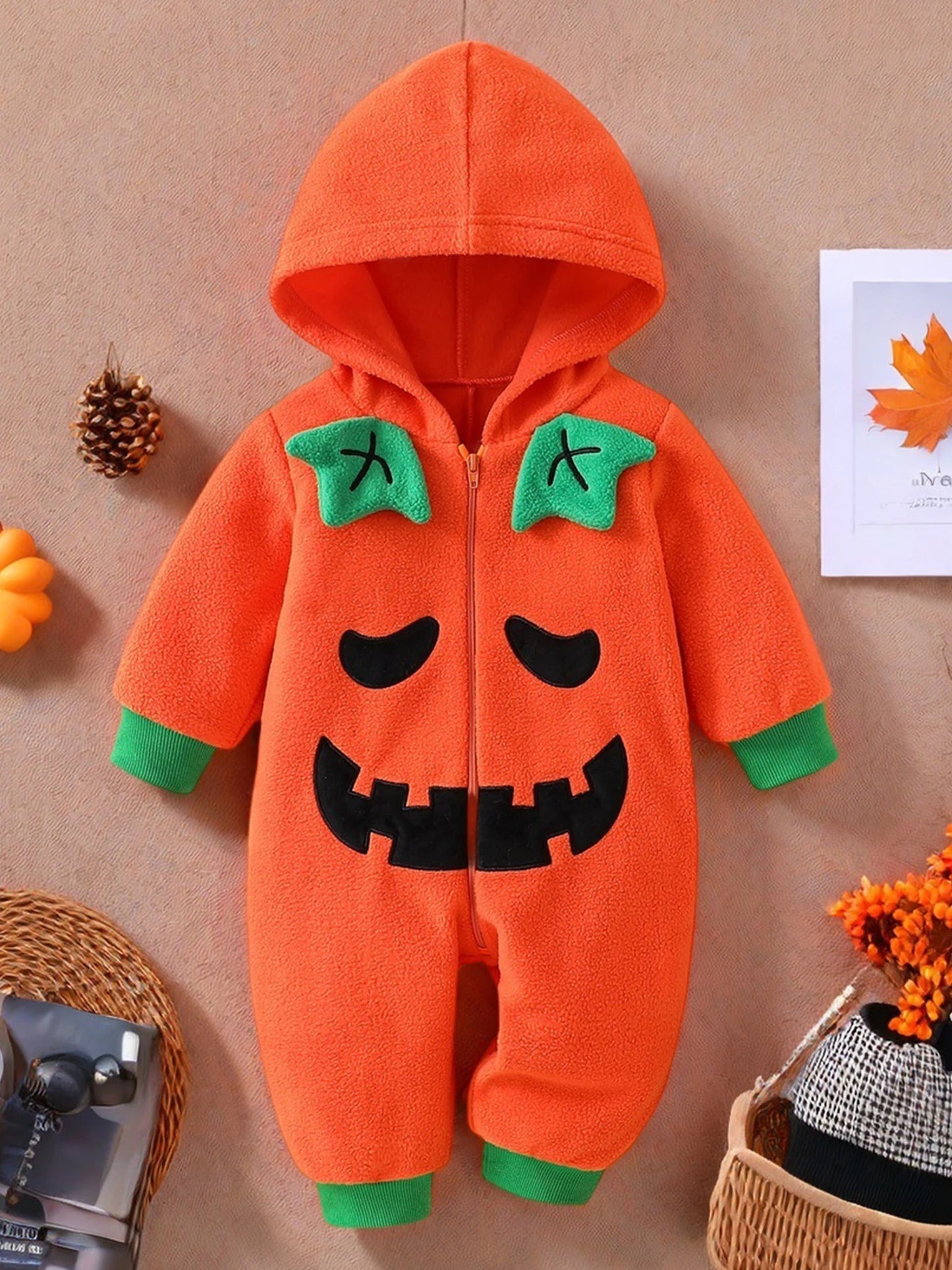 Infant Unisex Pumpkin Hooded Long Sleeve Romper With Contrast Trim Halloween Outfit For Baby Boy Or Girl