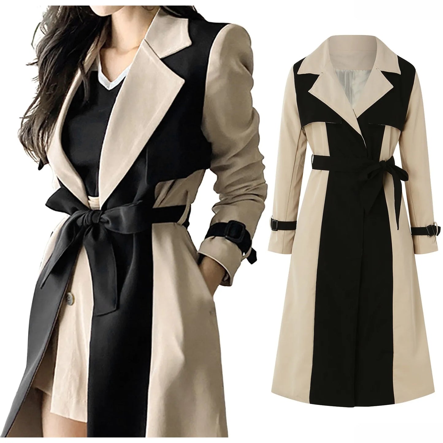 Women's Elegant Long Jacket Retro Windbreaker Trench Coat Notched Collar