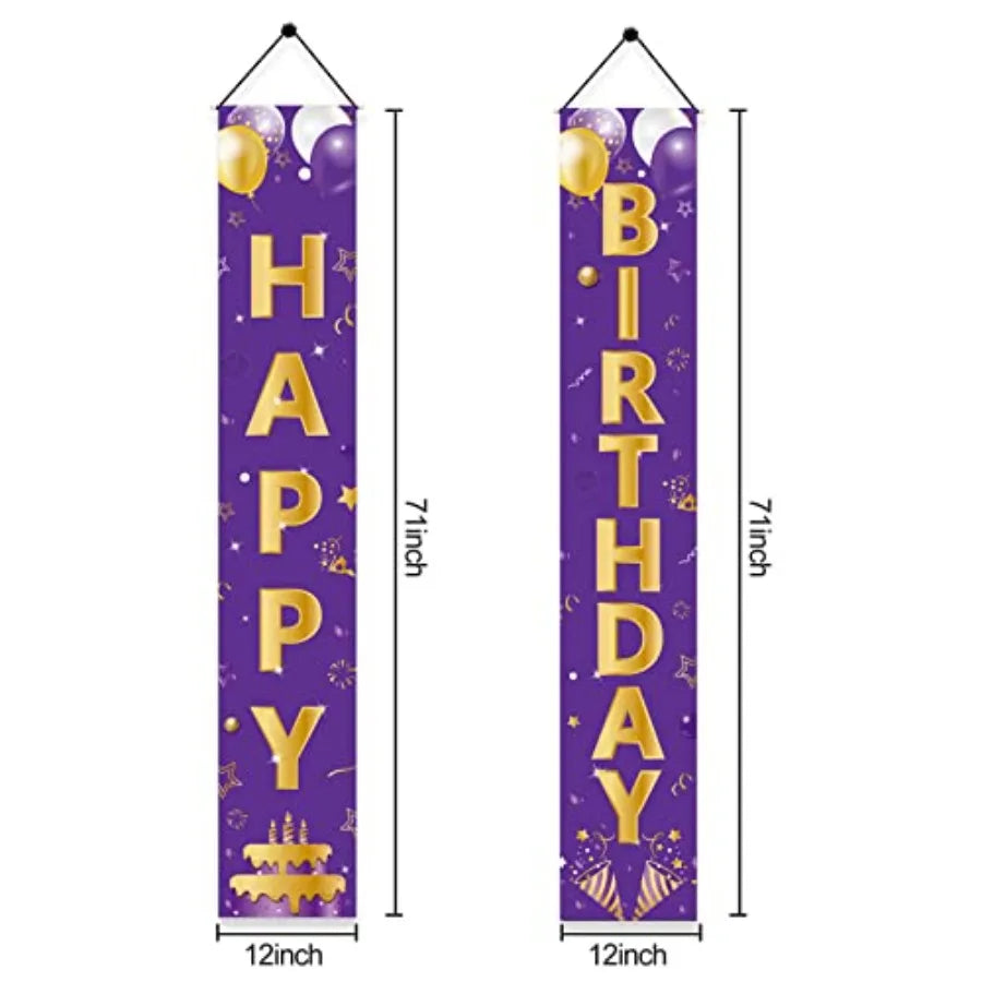 Purple Gold Happy Birthday Door Banner Decorations, Happy Birthday Porch Sign Party Supplies for Girls Women, 16th 21st 30th 40