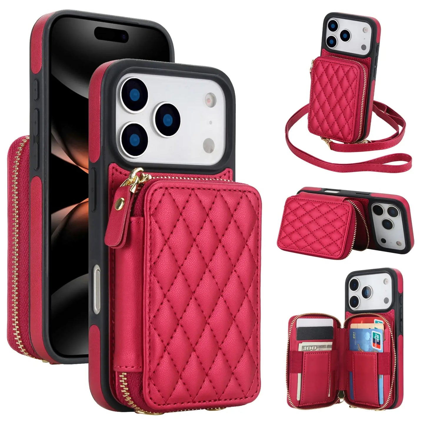 Crossbody for iPhone 17 Pro Max 17 Pro,RFID Blocking Zipper Handbag,Kickstand Folio Case,Card Slots Holder Wrist Strap Lanyard