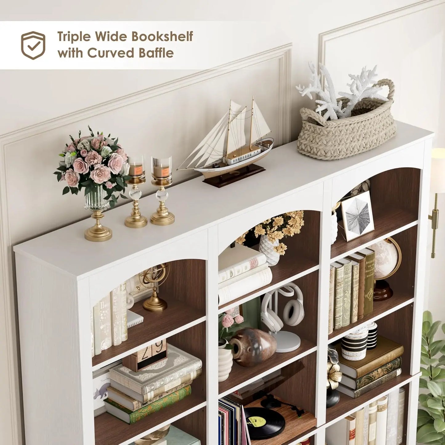 71" Triple Wide Bookshelf, 6 Tier Tall Bookshelf, Large Bookcase with Curved Baffle, 63.4" Wide Book Shelf with 18, Customized