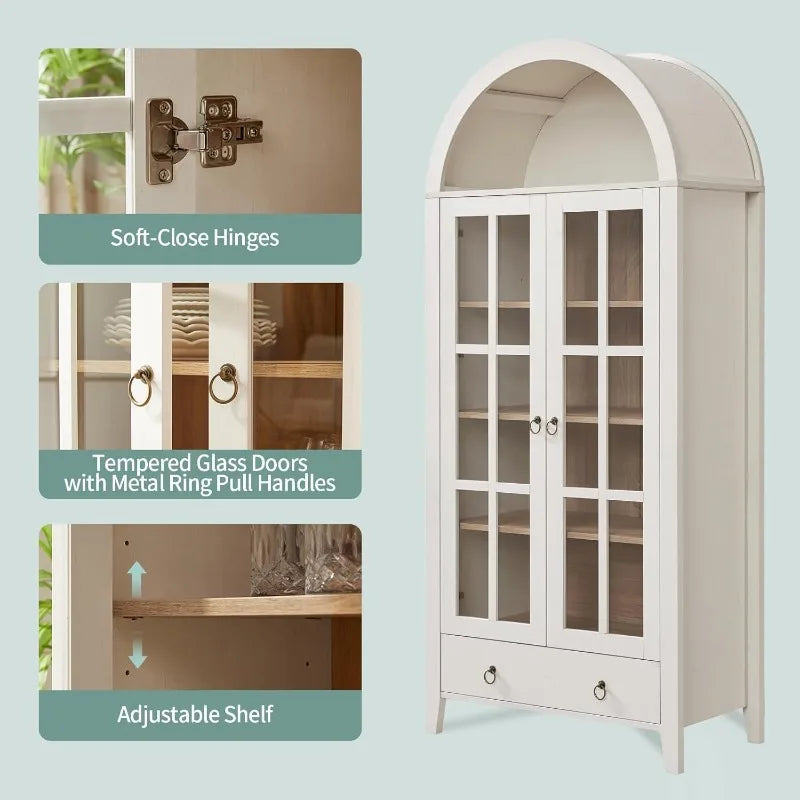 Arched Cabinet With Glass Doors And Drawer 71 Inch Tall Wood Display Cabinet With Adjustable Shelves Antique White
